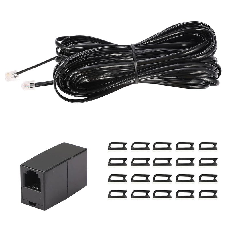 Seefeful 50 Feet Long Telephone Extension Cord Phone Cable Line Wire, with Standard RJ11 Plug and 1 in-Line Couplers and 20 Cable Clip Holders-Blac (Black 50FT) - Image 1